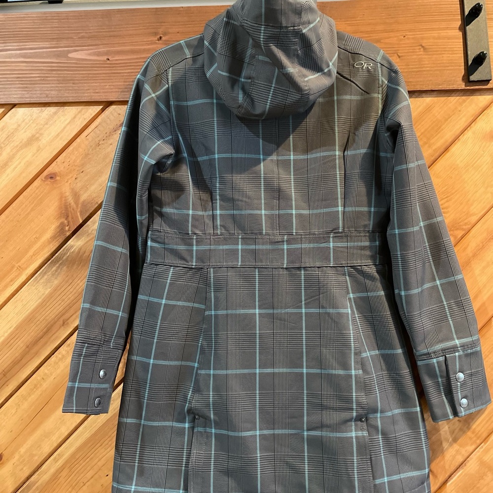 Outdoor Research Hooded Jacket. Plaid Grey & Lt.Blu Hangs below hips. Sz. Medium